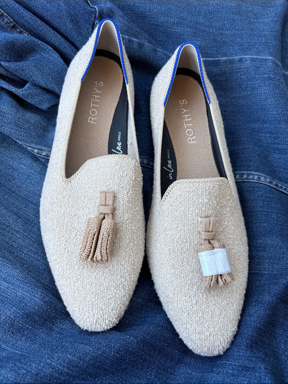 Rothy's Beige Boucle Tassel Slip-On Loafers with Blue Trim